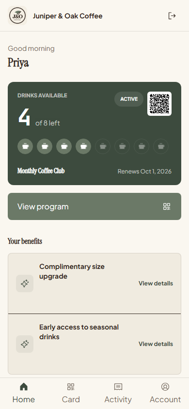 Signed-in Juniper & Oak Coffee customer portal home with a compact member QR code