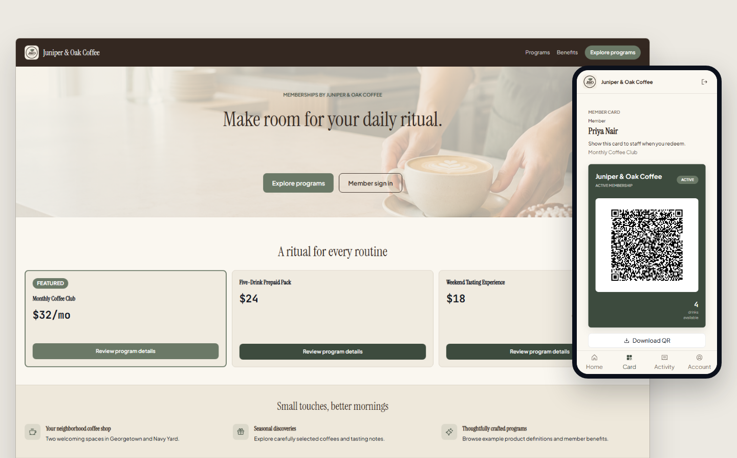 Branded Juniper & Oak Coffee customer portal in Renuvo