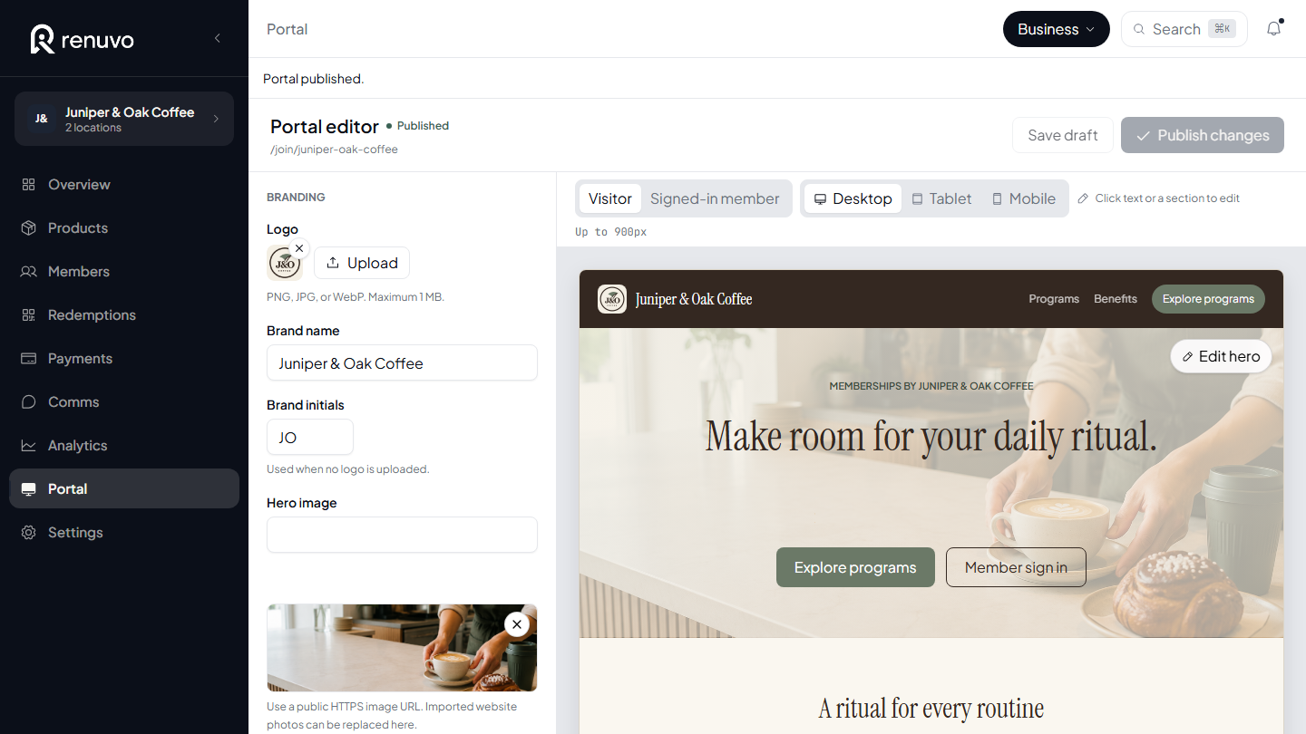Renuvo merchant dashboard and branded customer experience